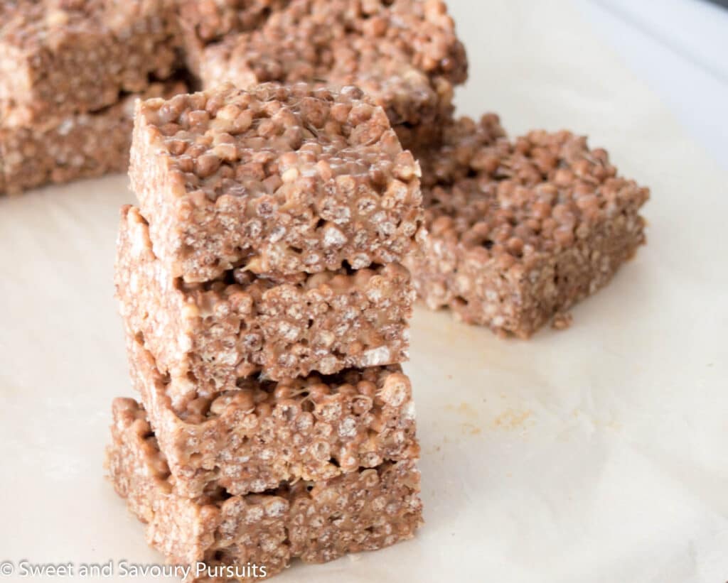 Stacked Quinoa Puff and Peanut Butter Squares.