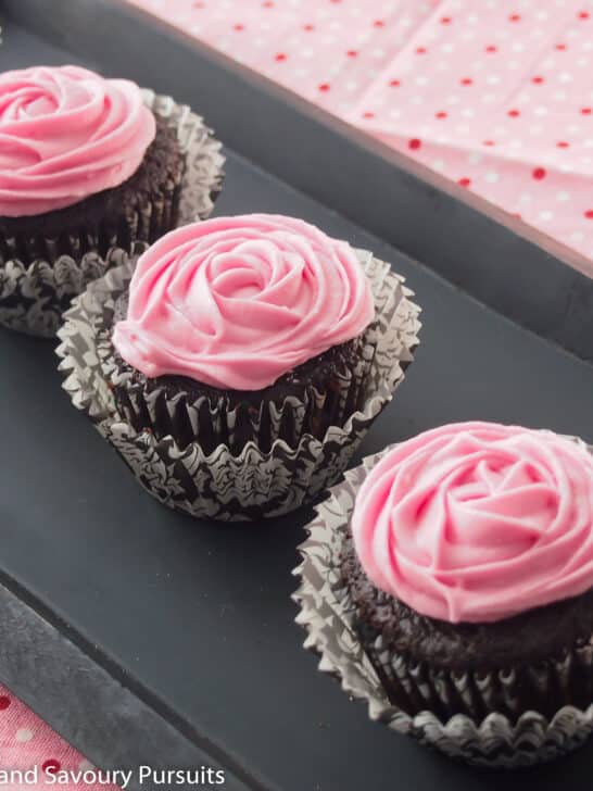 Chocolate Beet Cupcakes on tray.