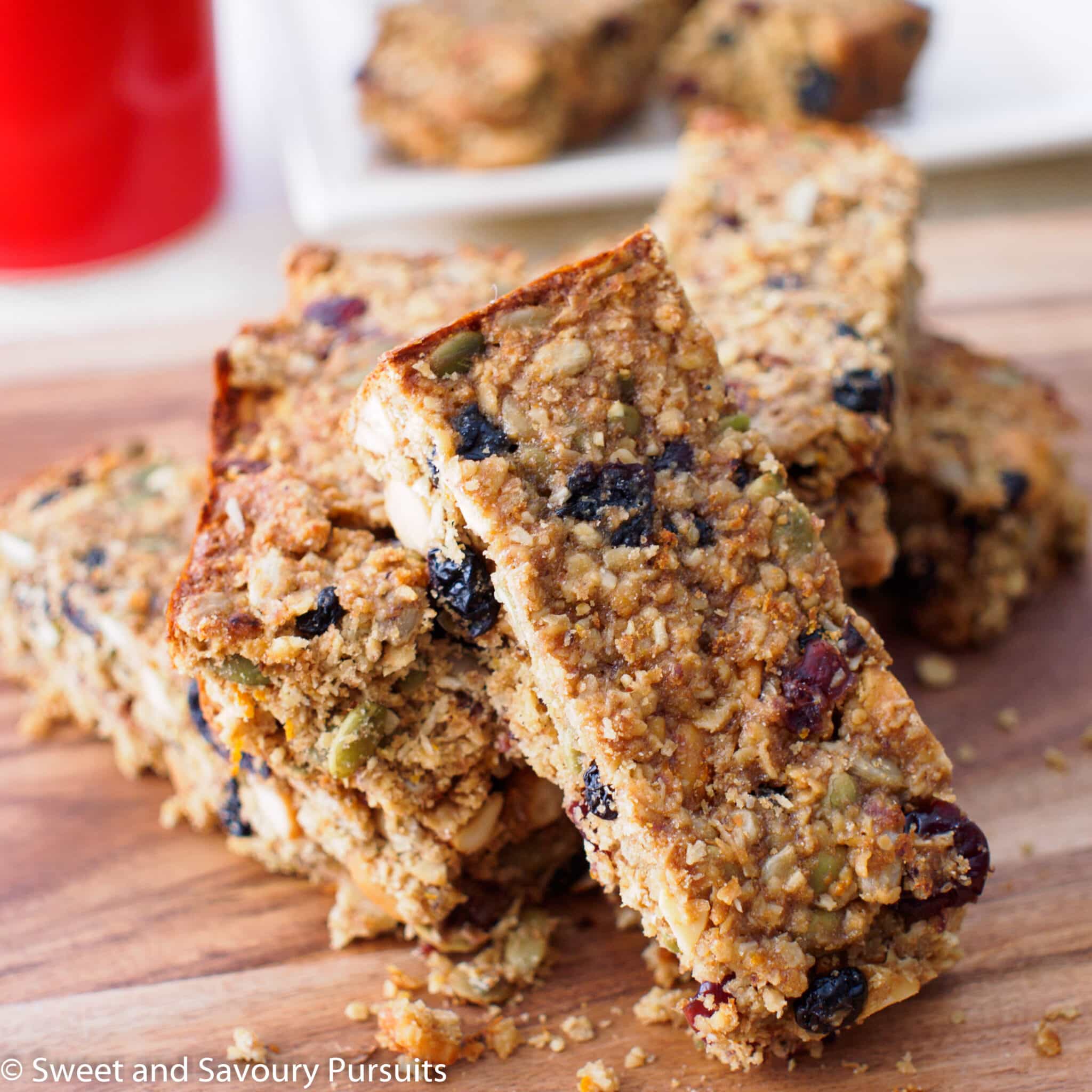 Bars made out of oats, dried fruit and seeds.