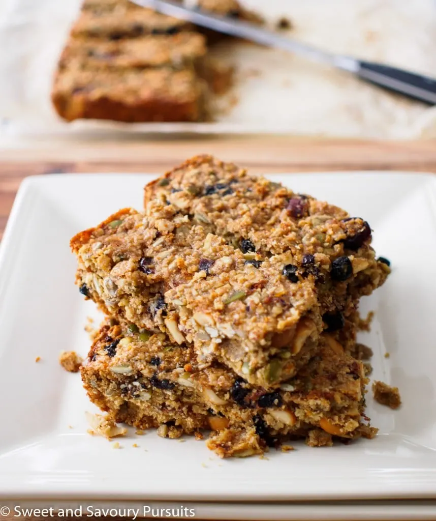 Oat, Fruit and Seed Bars on dish.