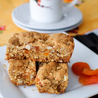 Apricot almond bars with dried apricots on the side.