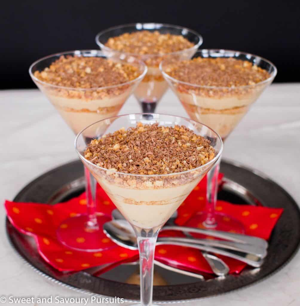 Coffee flavoured parfaits in martini glasses.