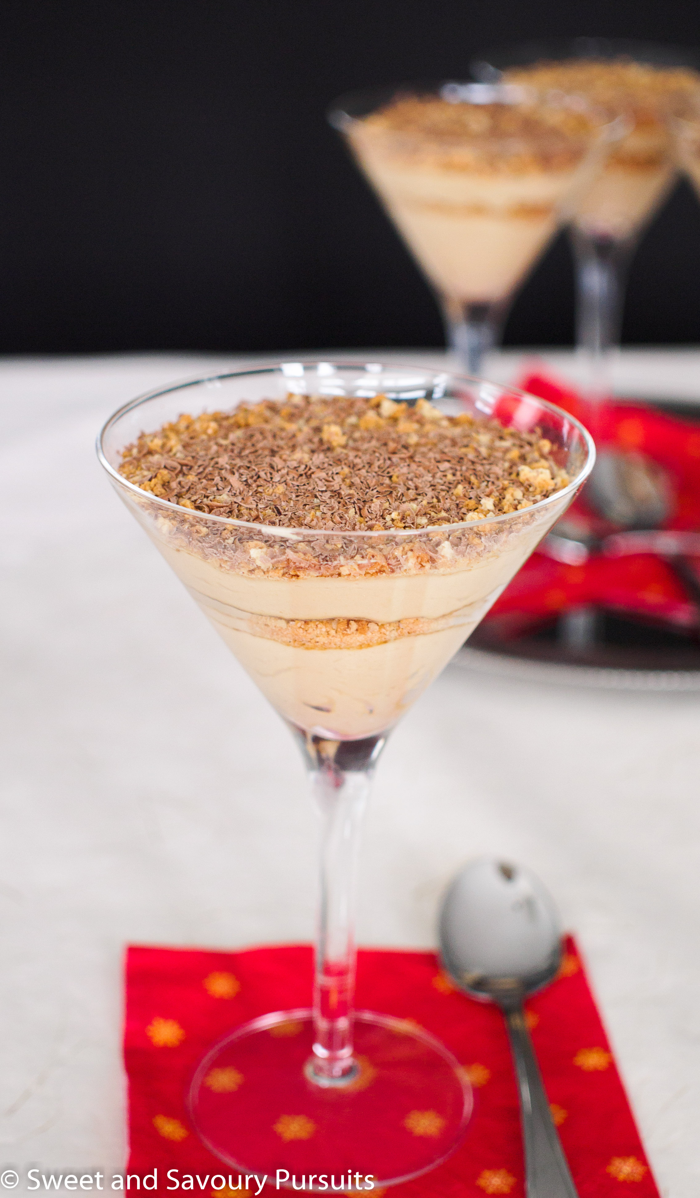 Mascarpone Espresso and Amaretti Parfaits served in martini glasses.