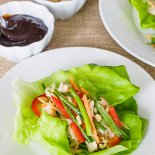 Chicken and Vegetable Lettuce Bundles served with hoisin sauce