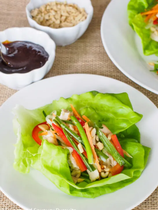 Chicken and Vegetable Lettuce Bundles served with hoisin sauce