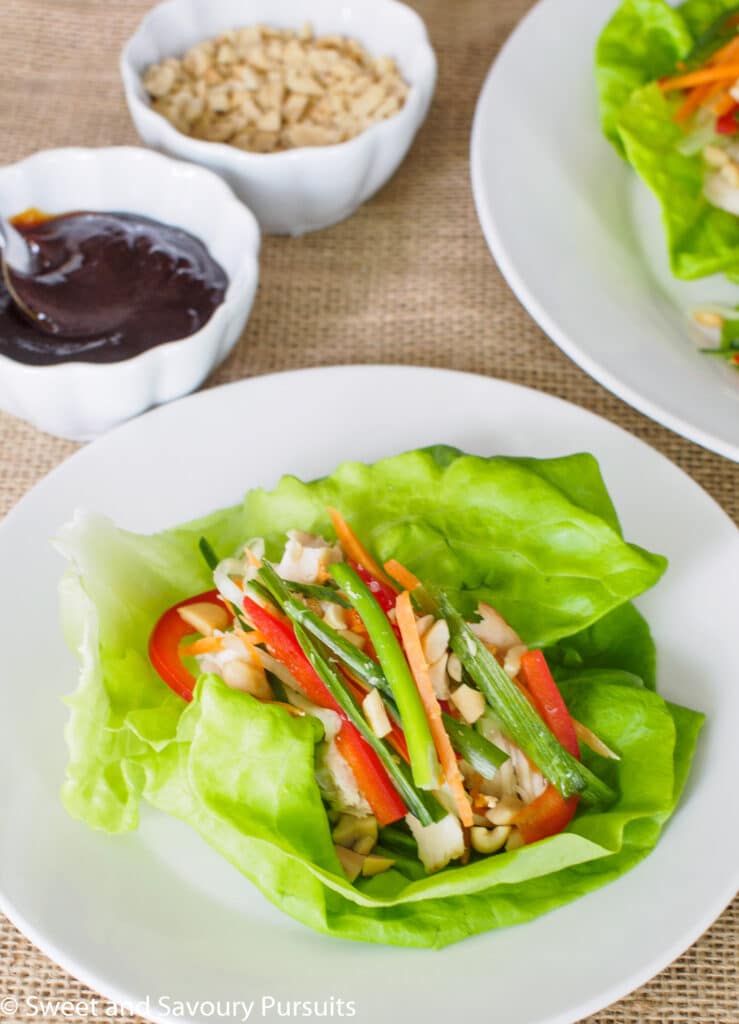 Chicken and Vegetable Lettuce Bundles served with hoisin sauce