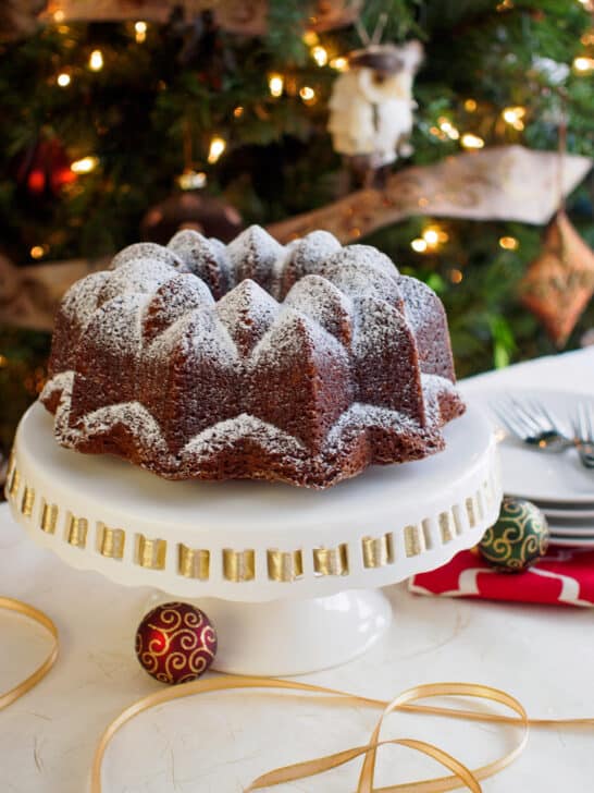 Espresso Gingerbread Bundt Cake on cake stand.