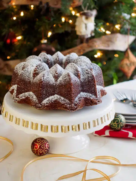 Espresso Gingerbread Bundt Cake on cake stand.