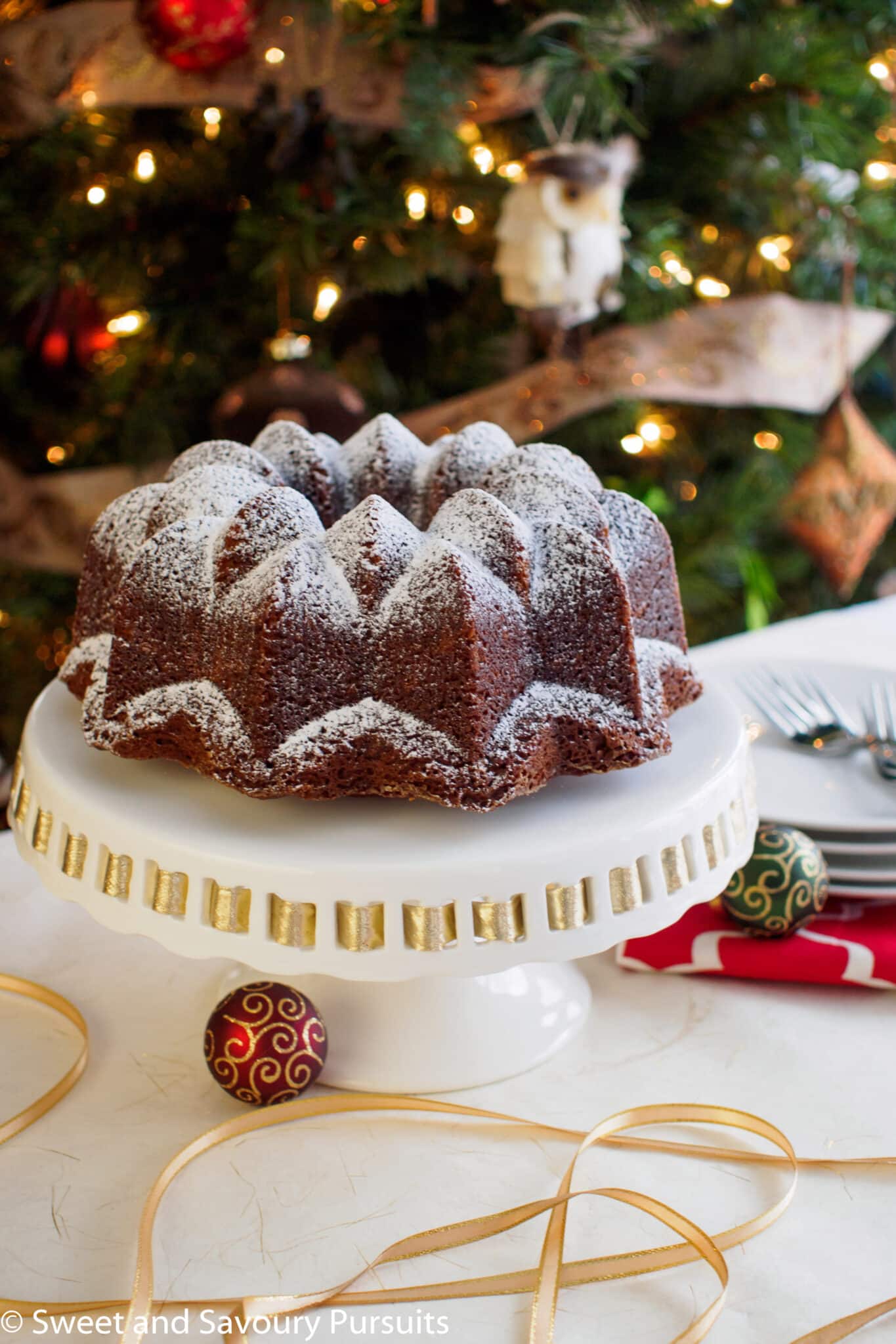 Espresso Gingerbread Bundt Cake on cake stand.