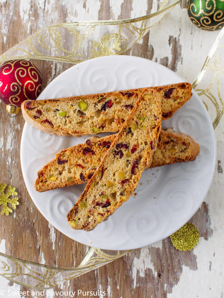 Pistachio and Cranberry Biscotti on dish.