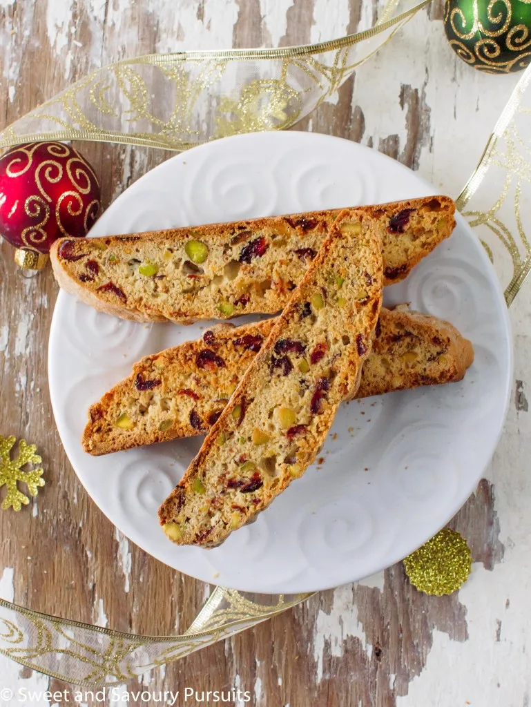 Pistachio and Cranberry Biscotti on dish.