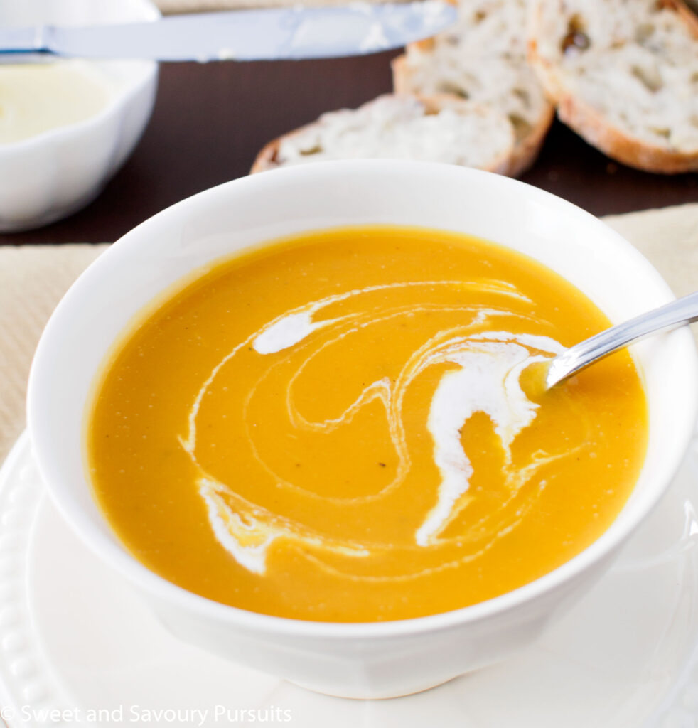 Bowl of Roasted Butternut Squash and Pear Soup.