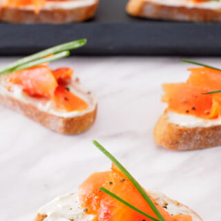 Smoked Salmon and Boursin Crostini with fresh chives.