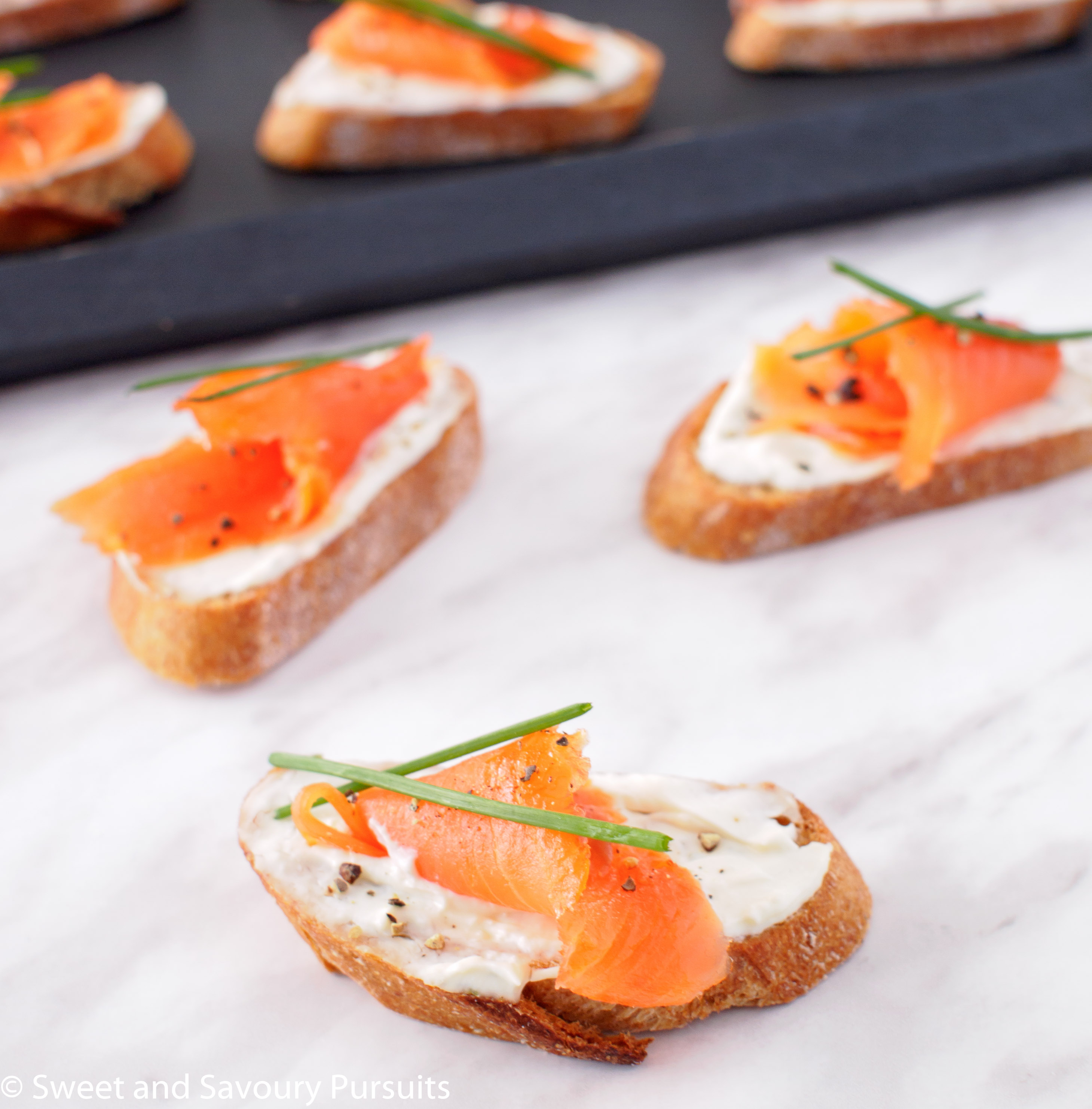 Smoked Salmon and Boursin Crostini ready to be served.