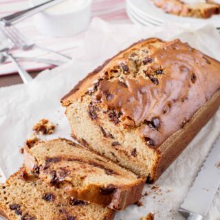 Peanut Butter and Chocolate Chip Loaf on cutting board.