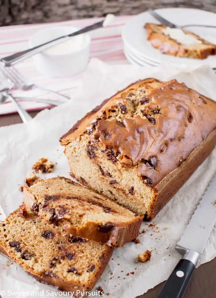 Peanut butter and chocolate chip loaf on cutting board.