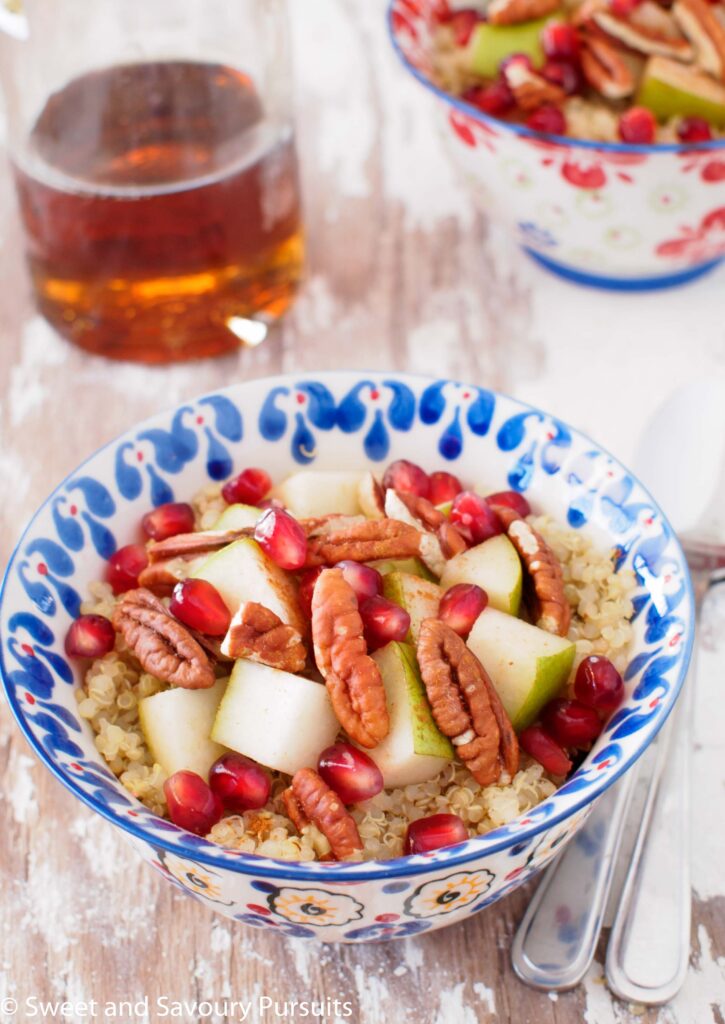 Quinoa Breakfast Bowls with Pear, Pomegranate and Pecan.