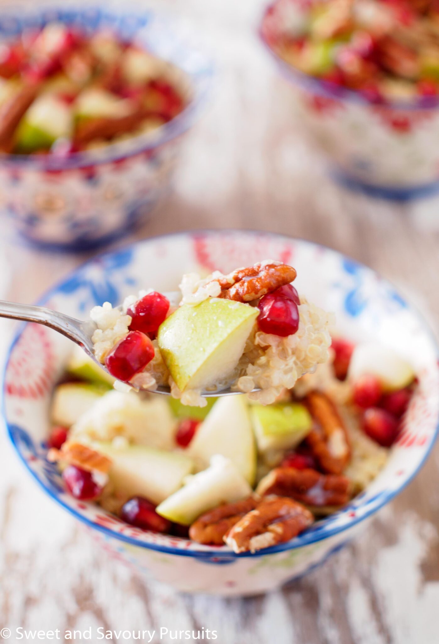 Close-up of a Pear, Pommegranate and Pecan Quinoa Breakfast Bowl