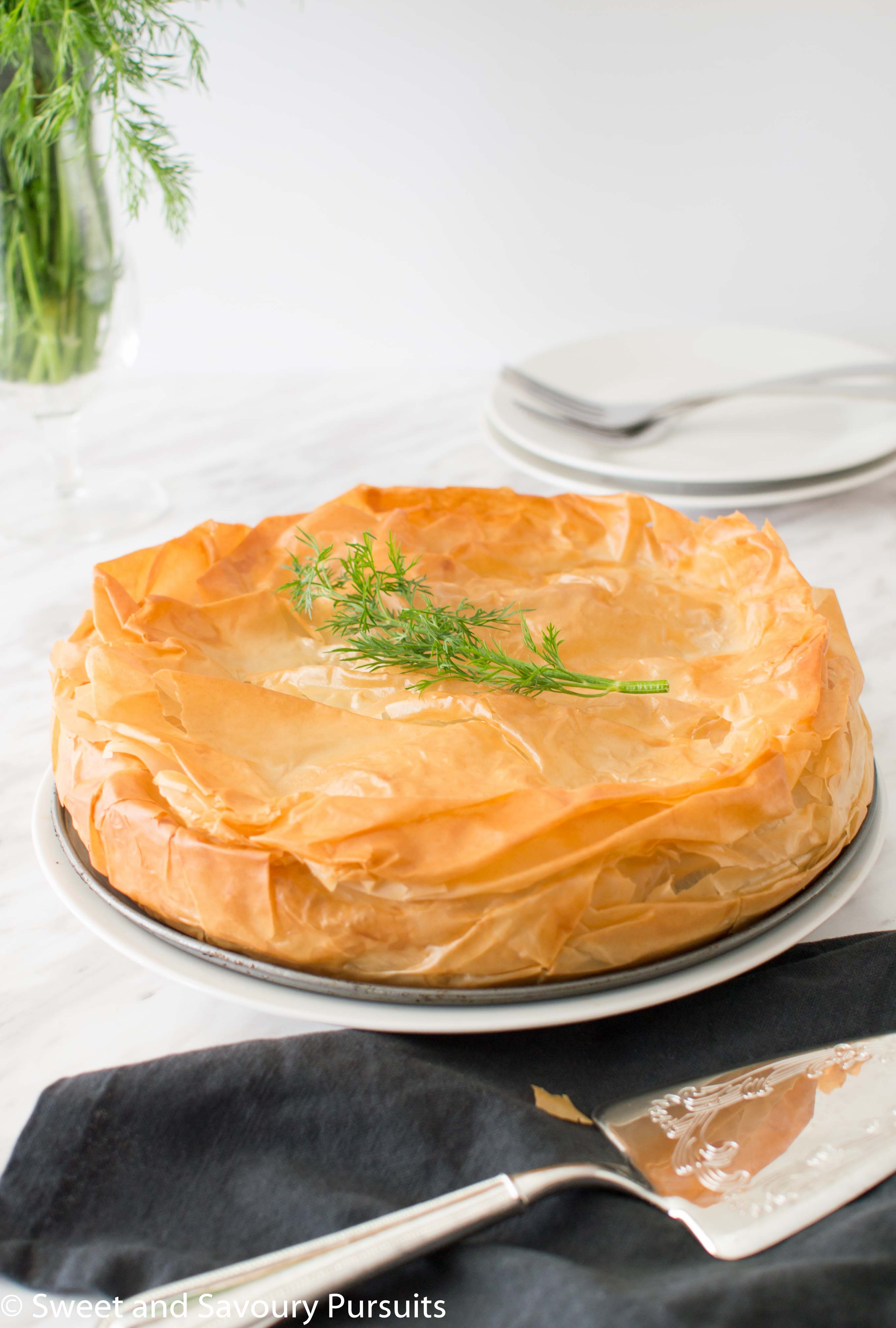 One Spanakopita Pie made with phyllo dough.