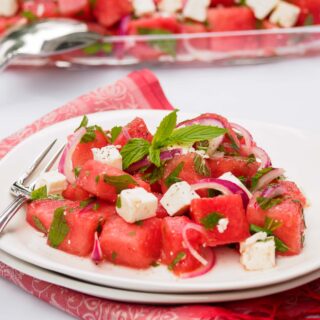 Plate of Watermelon Salad with fresh mint.