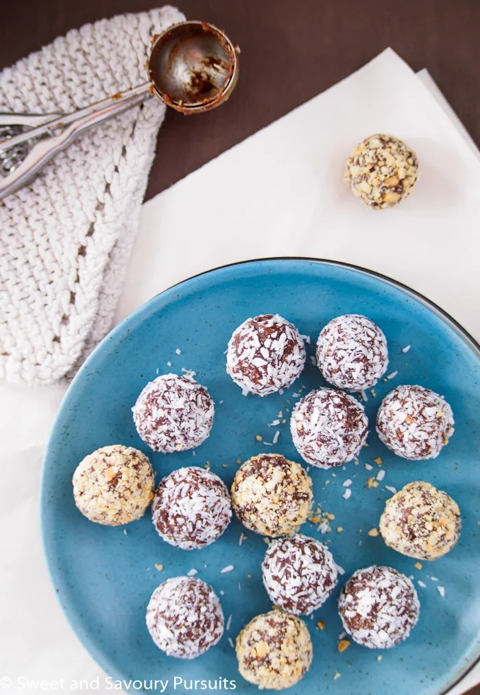 Top view of 5 Ingredient Date Energy Balls on plate.