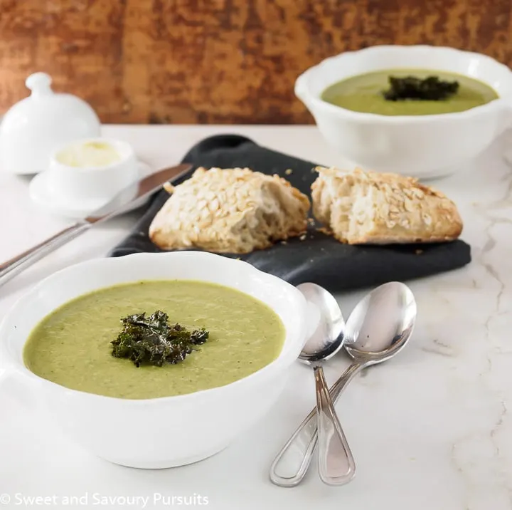 Bowls of Cauliflower, Kale and Leek Soup.