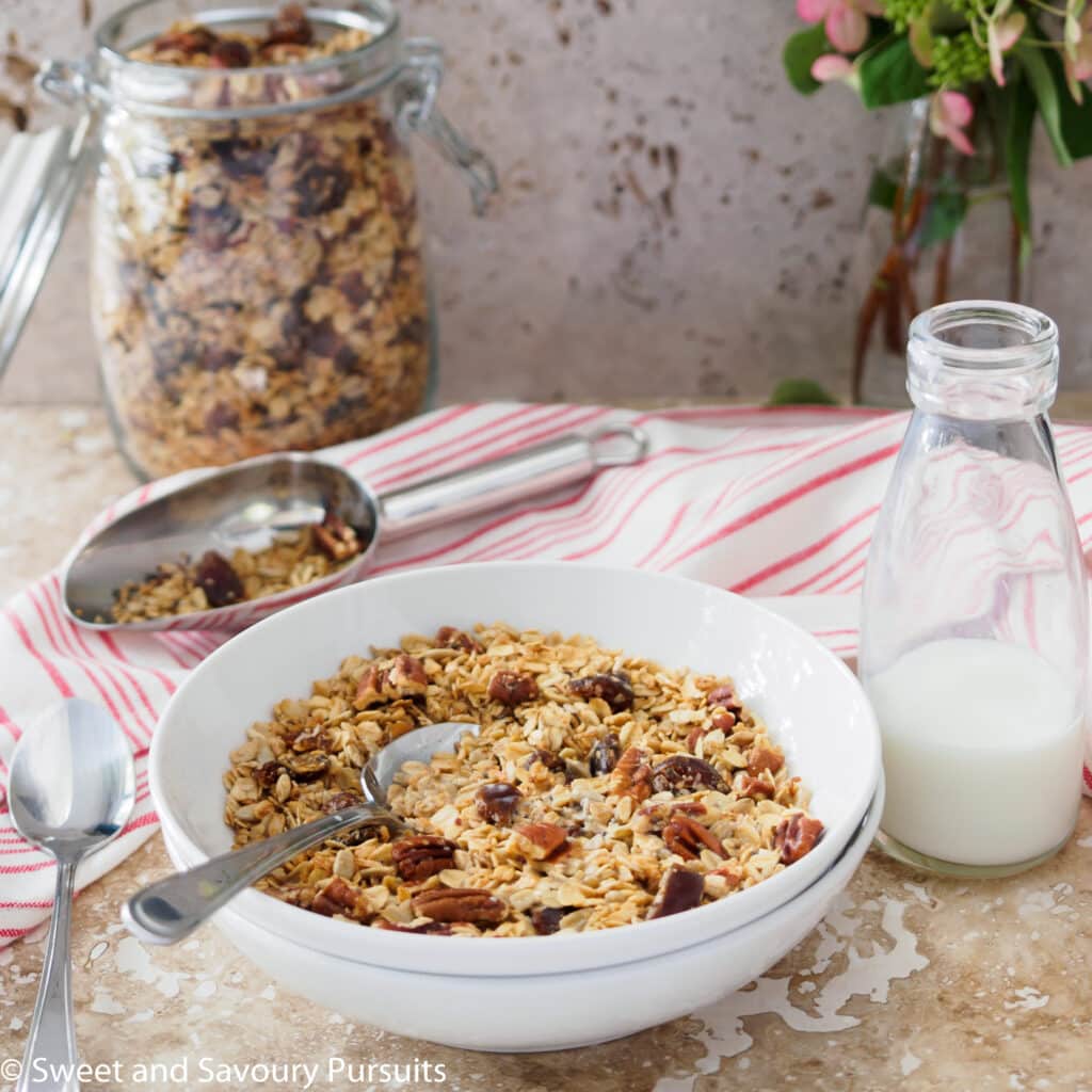 Bowl of Homemade Maple Pecan Granola with Dates