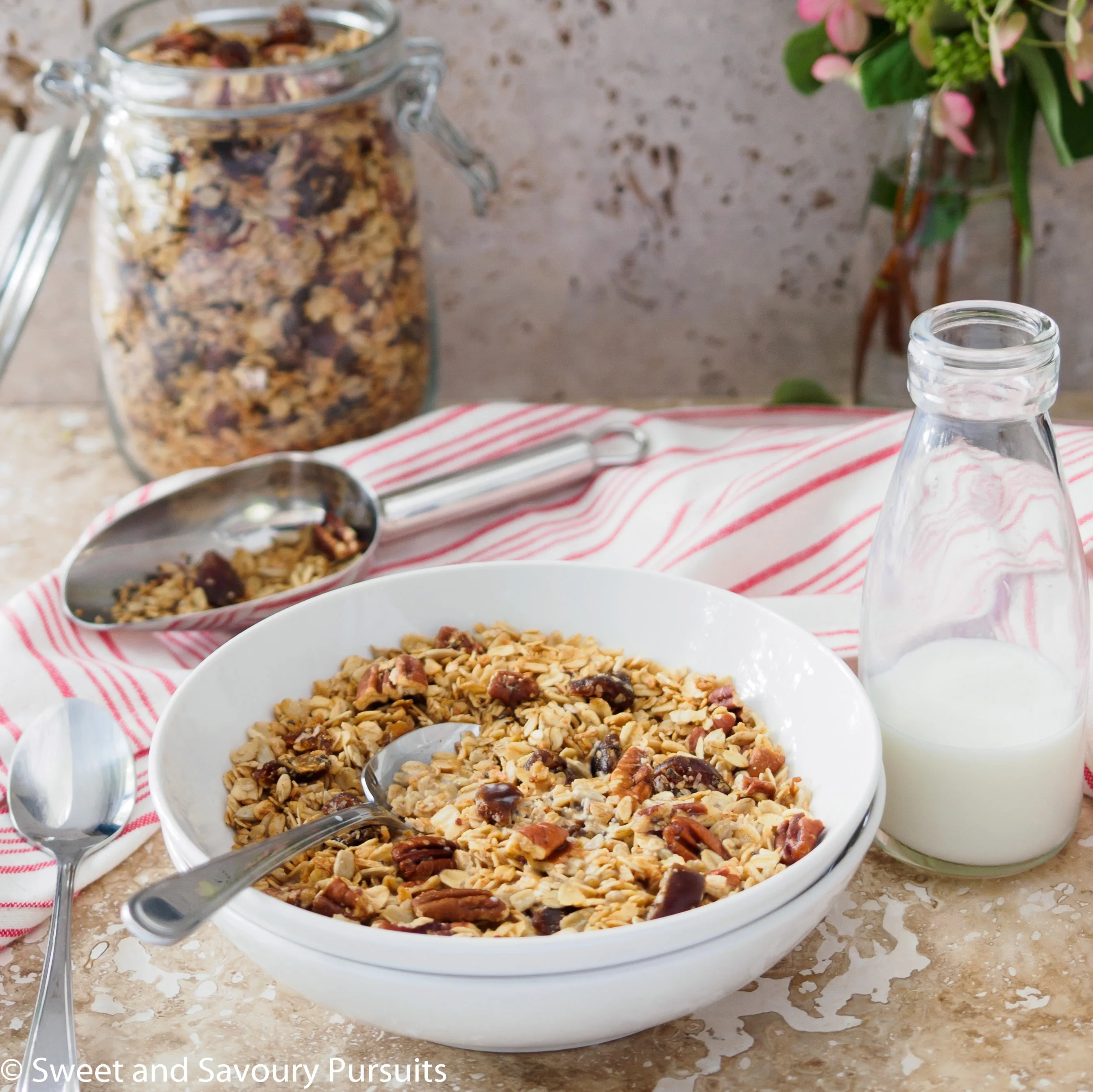 Bowl of Homemade Maple Pecan Granola with Dates.