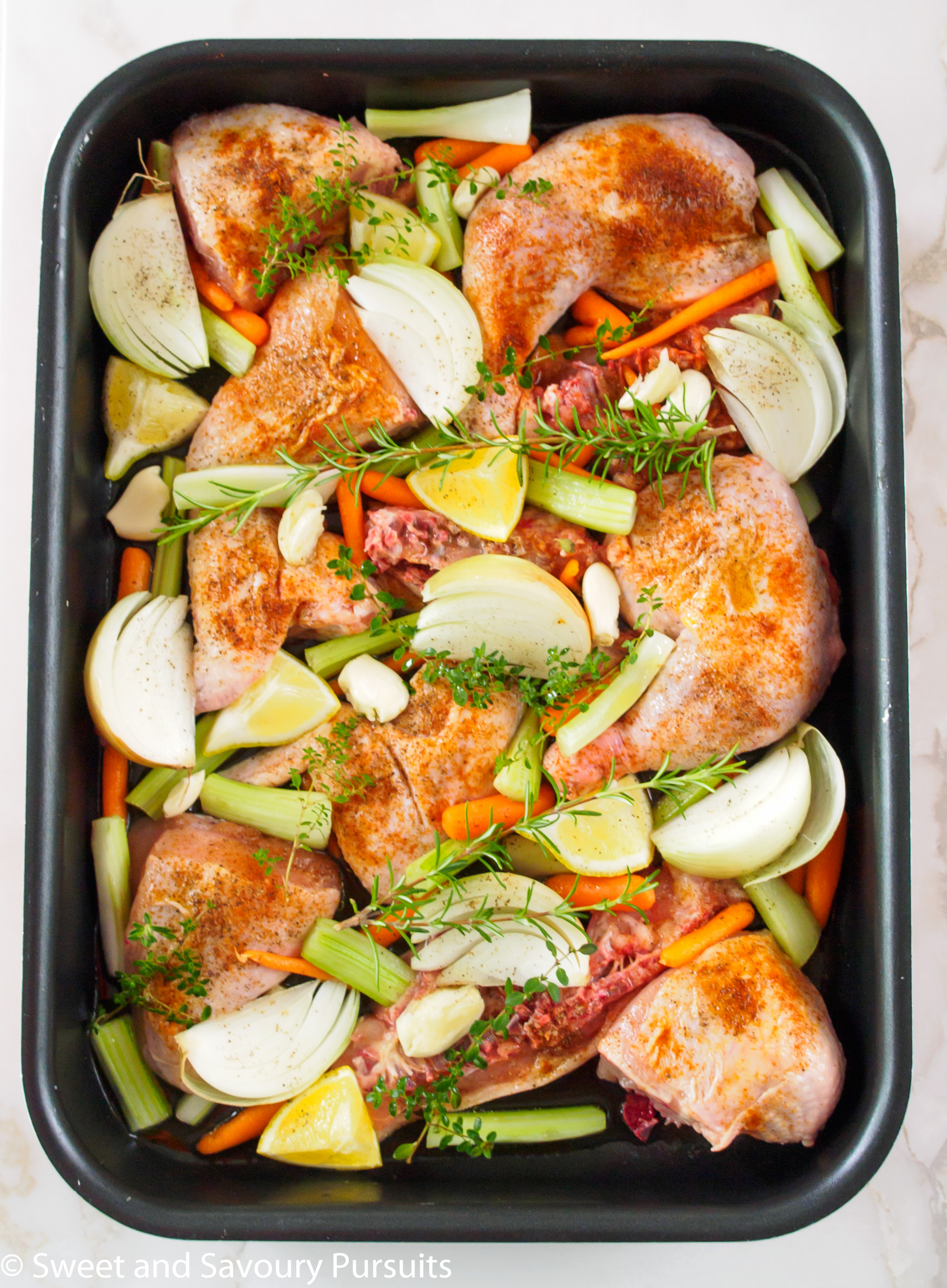 Cut up whole chicken in one pan. 