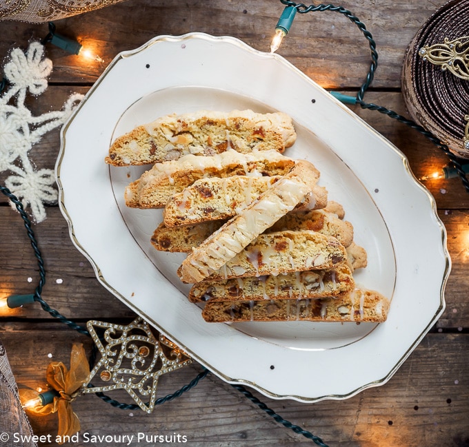 Plate of almond and apricot biscotti.