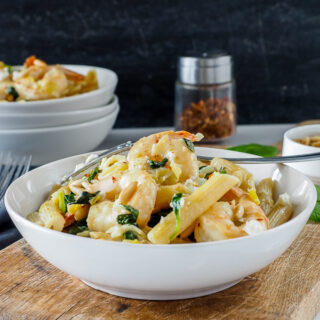 Bowl of Shrimp, Spinach and Goat Cheese Penne.