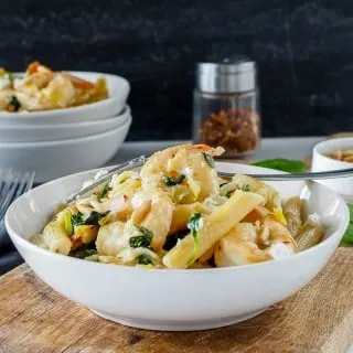 Bowl of Shrimp, Spinach and Goat Cheese Penne.