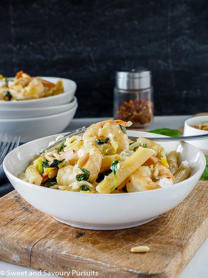 Bowl of Shrimp, Spinach and Goat Cheese Penne.