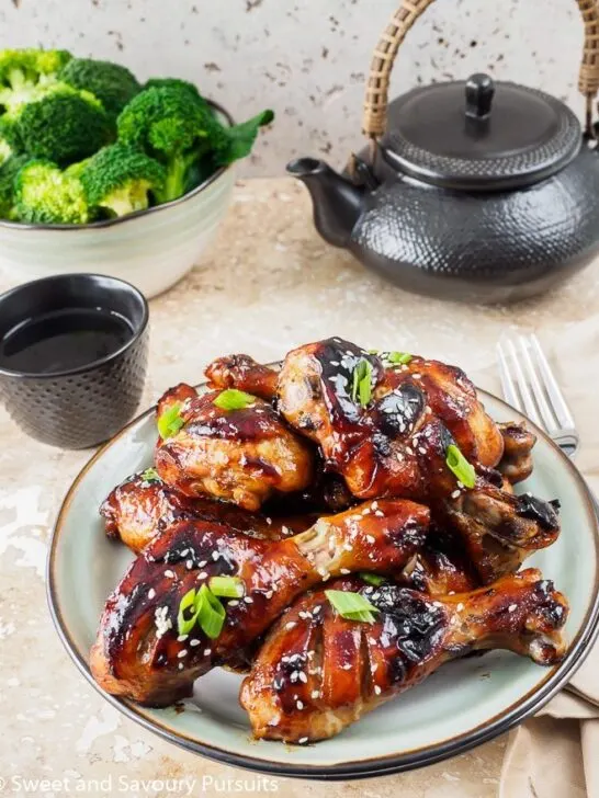 Plate of Sticky Hoisin-Soy Chicken Drumsticks.