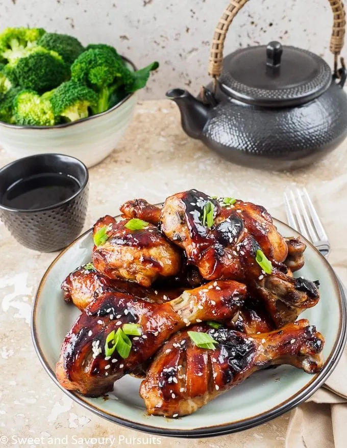 Plate of Sticky Hoisin-Soy Chicken Drumsticks.