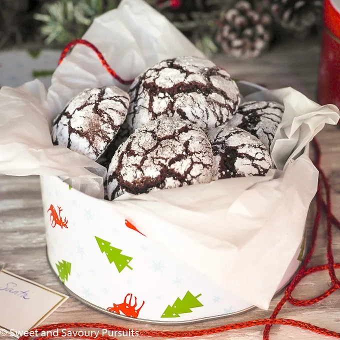 Tin of Holiday Chocolate Crinkle Cookies.