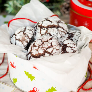 Chocolate Crinkle Cookies in cookie tin.