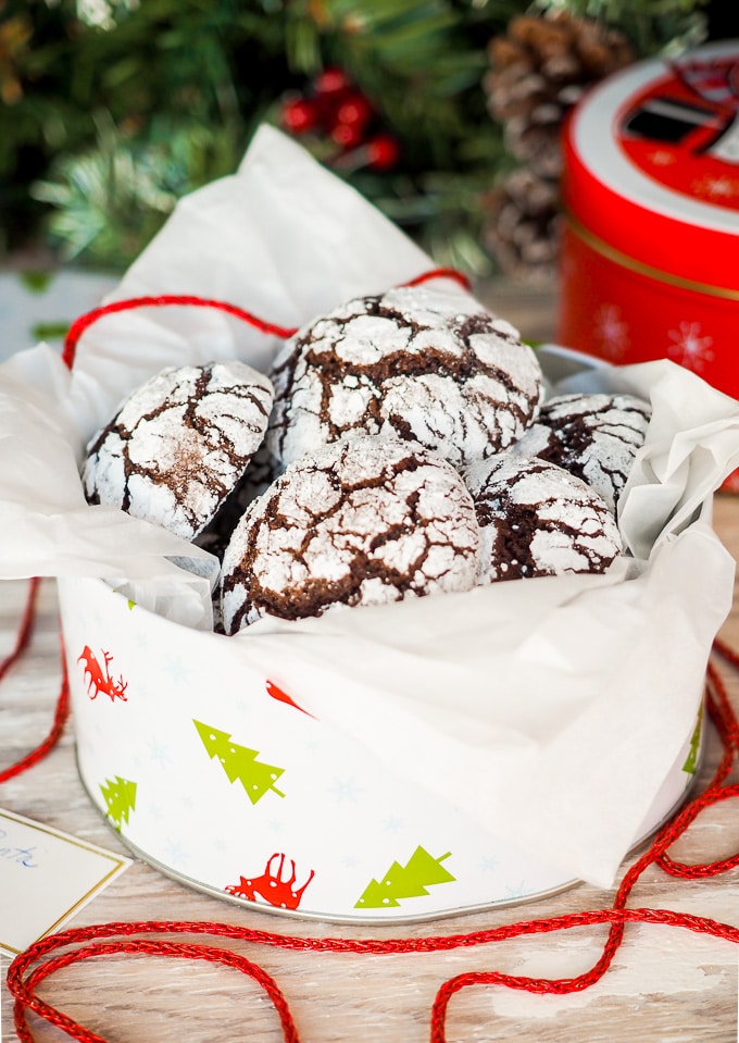 Chocolate Crinkle Cookies in cookie tin.