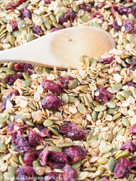 Pumpkin Seed Granola on baking sheet