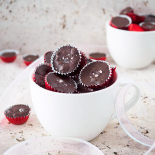 Mini chocolate quinoa bites in large mug.