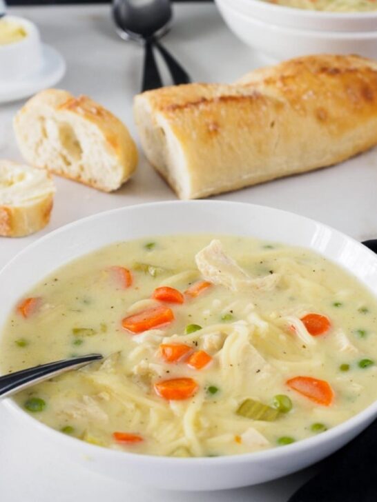 Bowl of creamy chicken noodle soup.