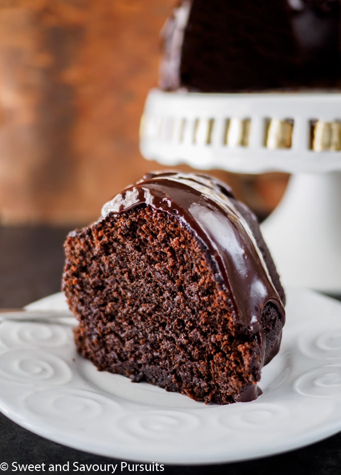 Slice of Chocolate Stout Bundt Cake.