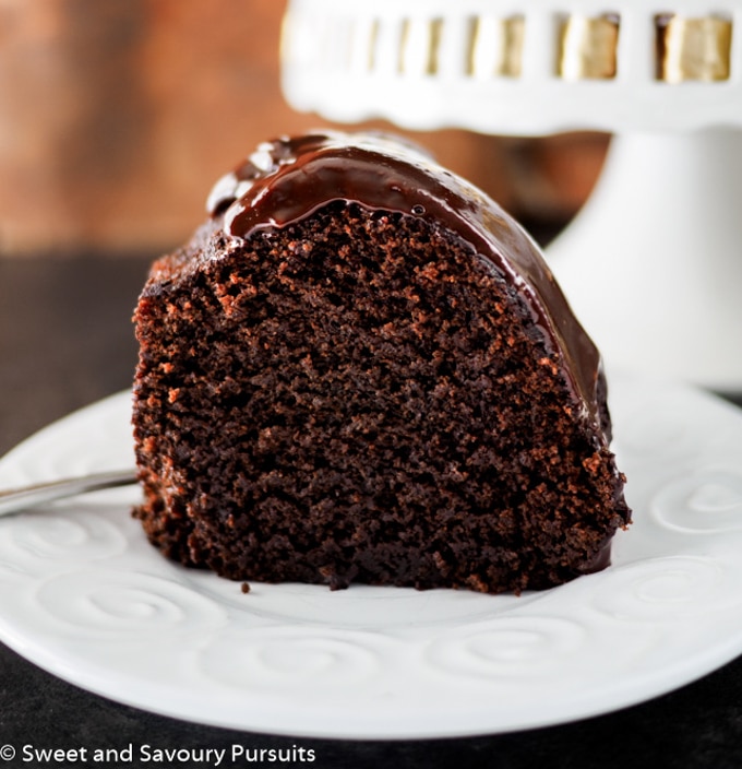 Slice of chocolate bundt cake.