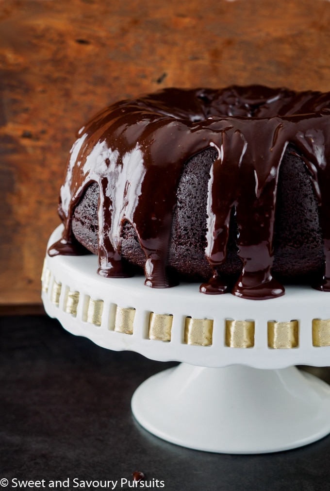 Chocolate Stout Bundt Cake with chocolate ganache.