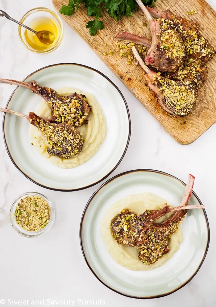 Dukkah-Crusted Lamb Chops with Cauliflower and Potato Purée.