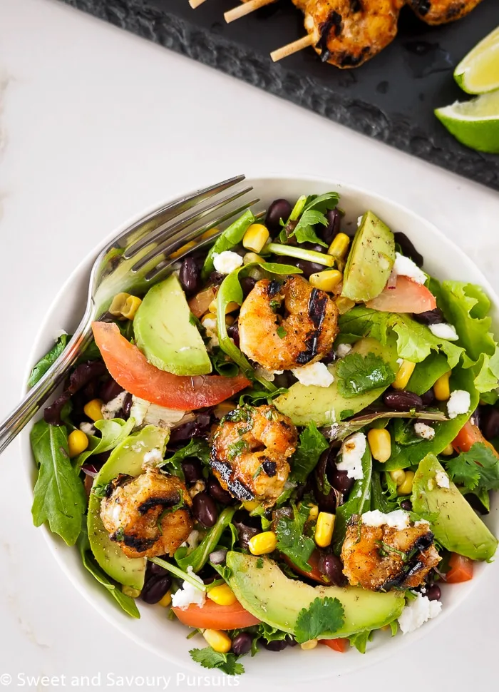 Southwestern Grilled Shrimp Salad served in bowl.