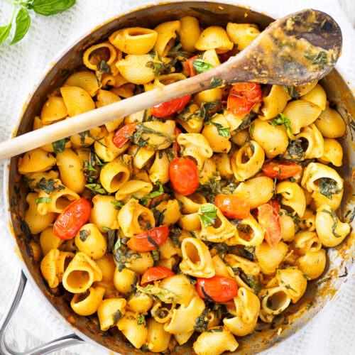 A prepared Creamy Tomato and Spinach Pasta still in large skillet.