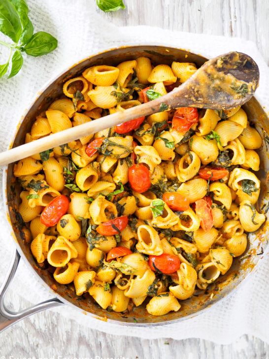 A prepared Creamy Tomato and Spinach Pasta still in large skillet.