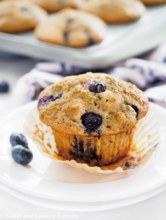 Close-up a blueberry lemon muffin on a small white dish.