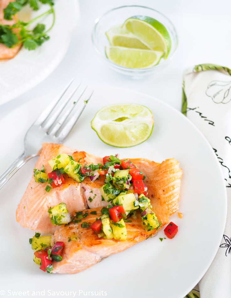 Pan fried rainbow trout served with pineapple salsa.